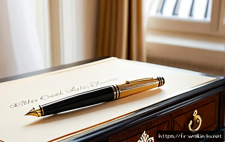 몽블랑 마이스터스튁 시리즈의 인기 비결 - Photorealistic luxury fountain pen with black resin barrel and elegant gold accents resting on a cre...