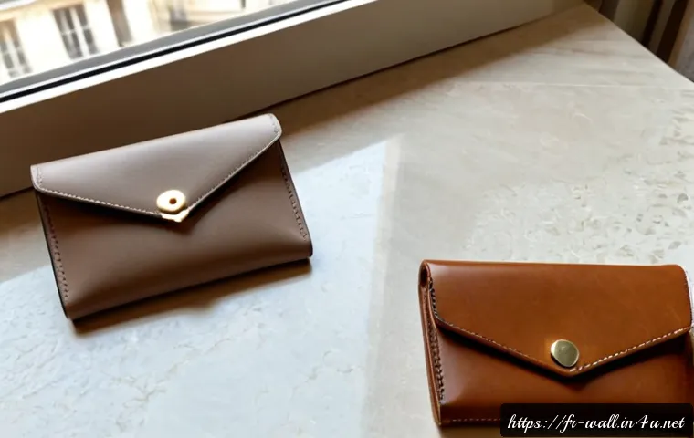 로에베 미니멀 지갑의 트렌디 디자인 - Photorealistic luxury product flat lay of a trendy minimalist small leather wallet in warm taupe, ca...
